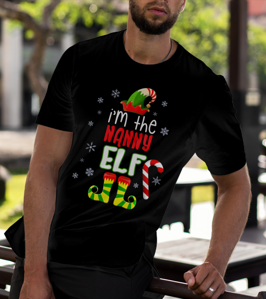 I'm The Nanny Elf Christmas Snowflakes Candy Cane Hat Boots T-Shirt