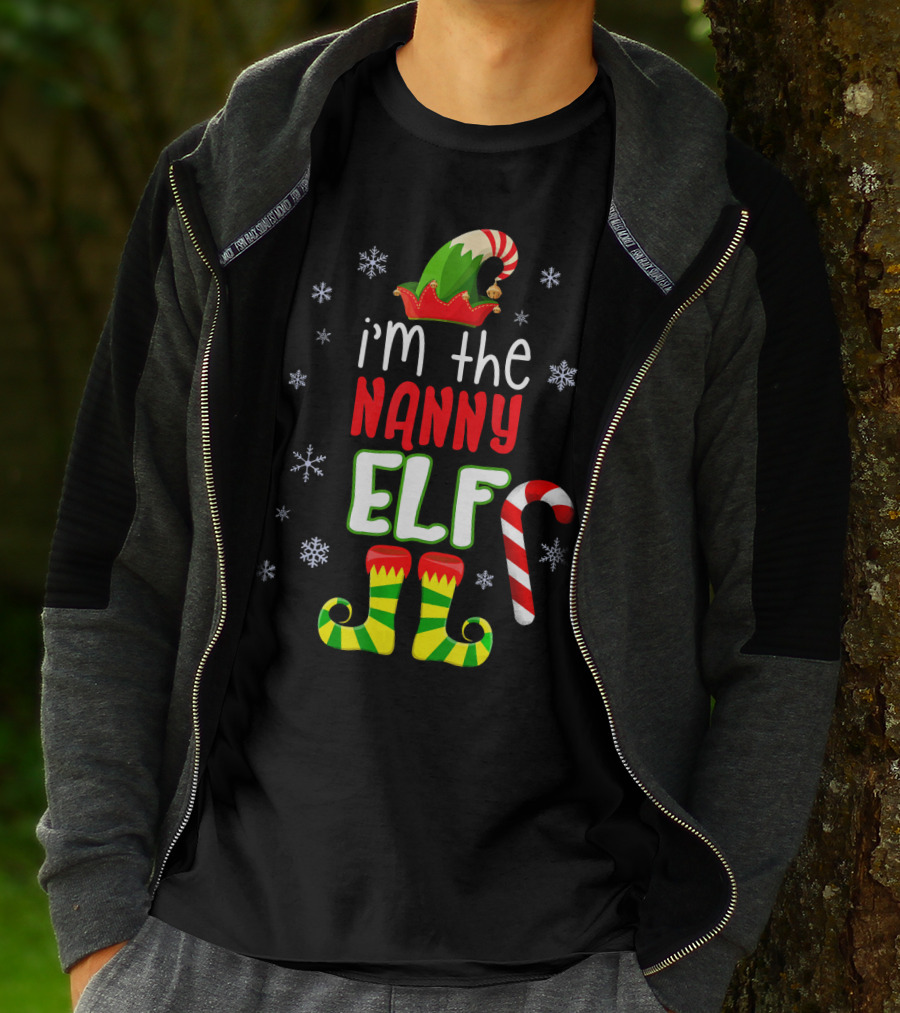 I'm The Nanny Elf Christmas Snowflakes Candy Cane Hat Boots T-Shirt