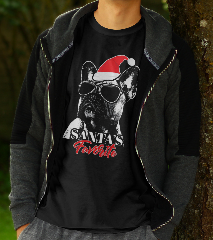 Santa's Favorite French Bulldog Wearing Sunglasses And Hat T-Shirt