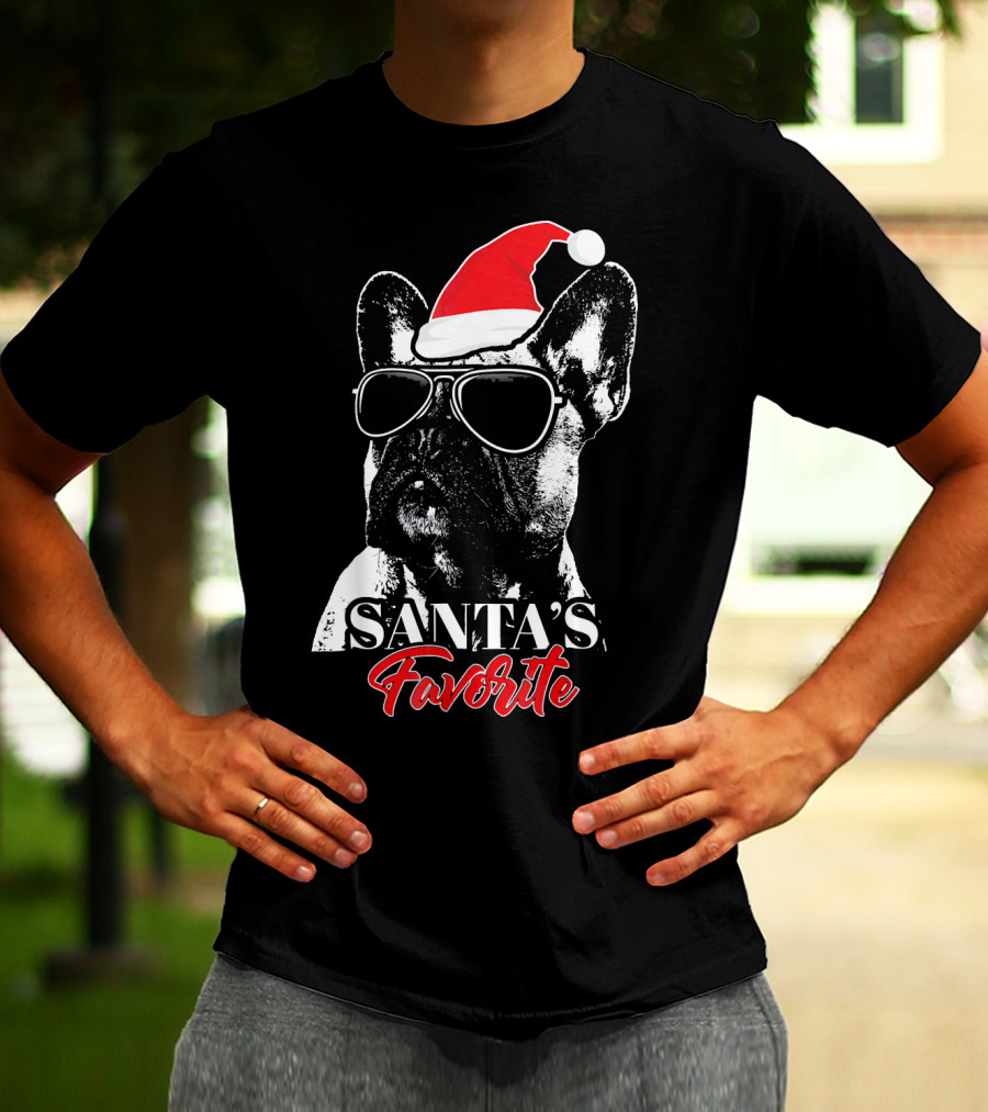 Santa's Favorite French Bulldog Wearing Sunglasses And Hat T-Shirt