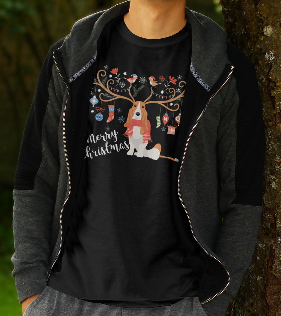 Merry Christmas Basset Hound Reindeer Antlers Ornaments T-Shirt