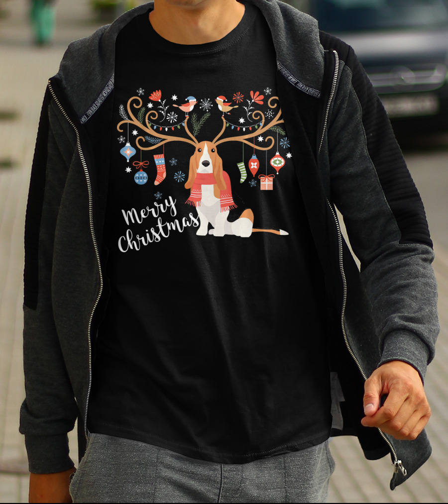 Merry Christmas Basset Hound Reindeer Antlers Ornaments T-Shirt