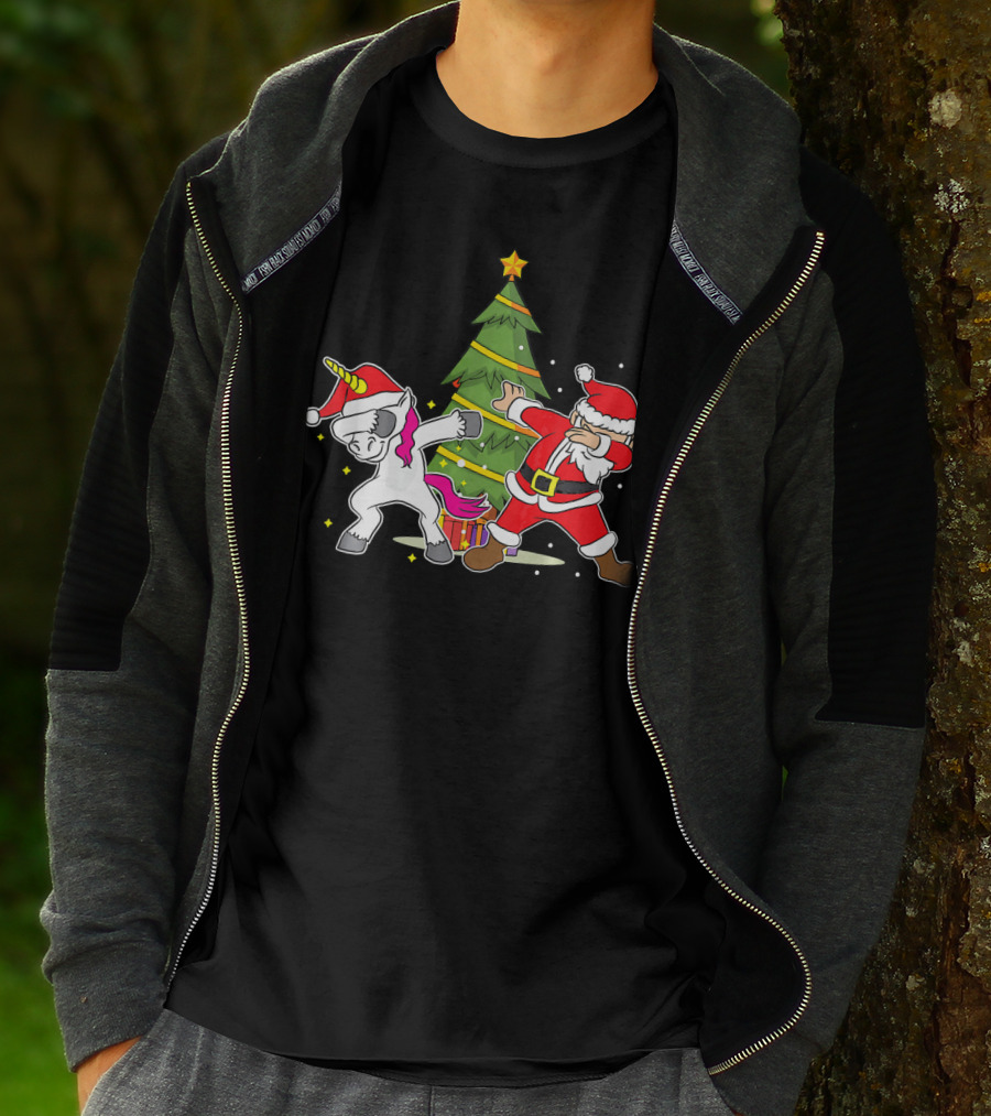 Dabbing Unicorn Xmas Christmas Santa Dance By Tree T-Shirt