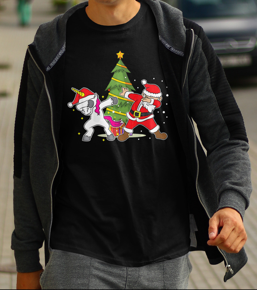 Dabbing Unicorn Xmas Christmas Santa Dance By Tree T-Shirt