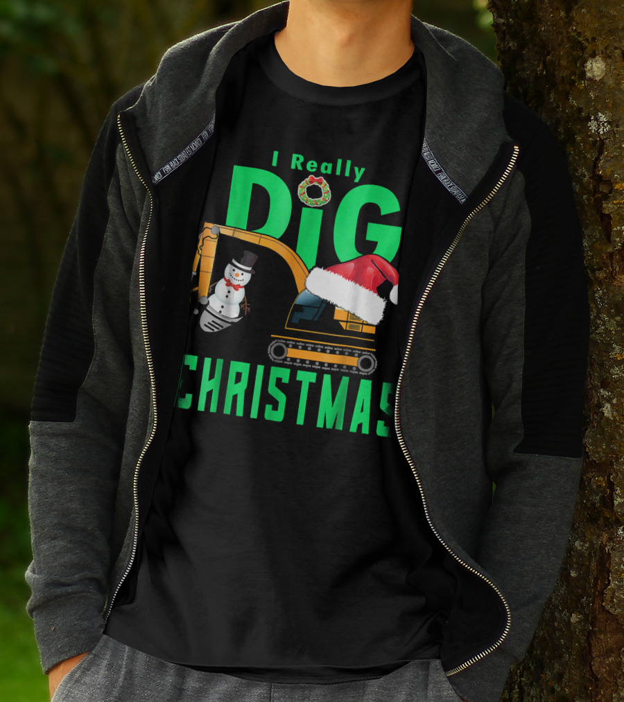 I Really Dig Christmas Snowman Santa Hat Excavator T-Shirt
