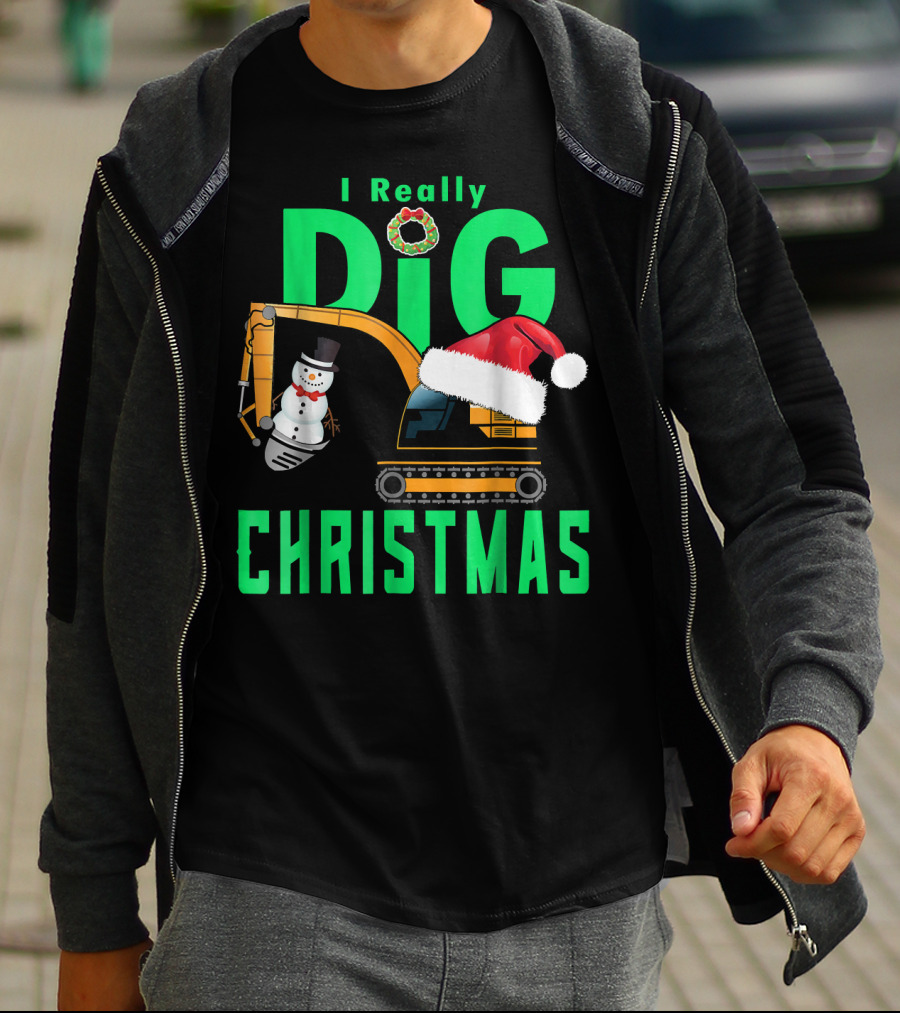 I Really Dig Christmas Snowman Santa Hat Excavator T-Shirt