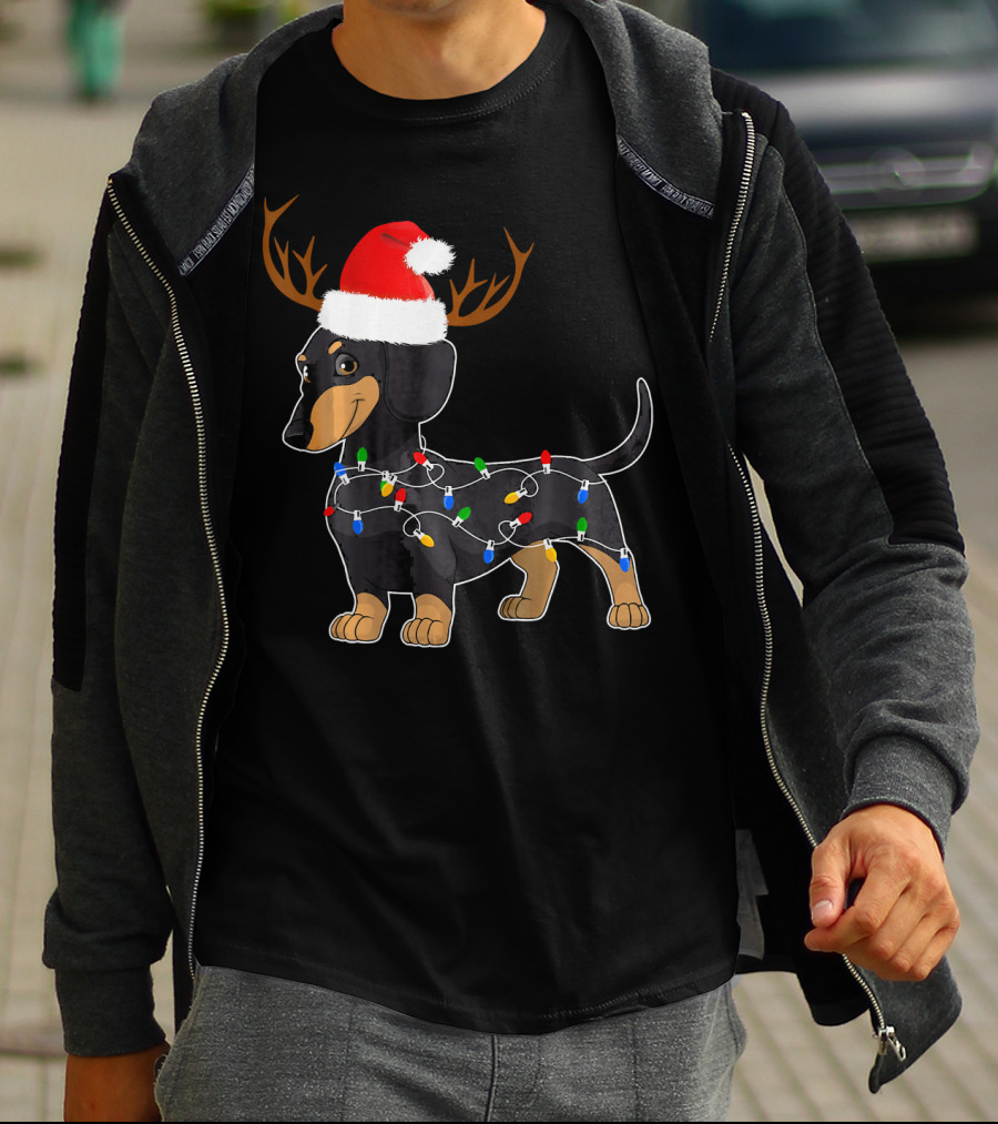 Dachshund Christmas Reindeer With Santa Hat And Holiday Lights T-Shirt