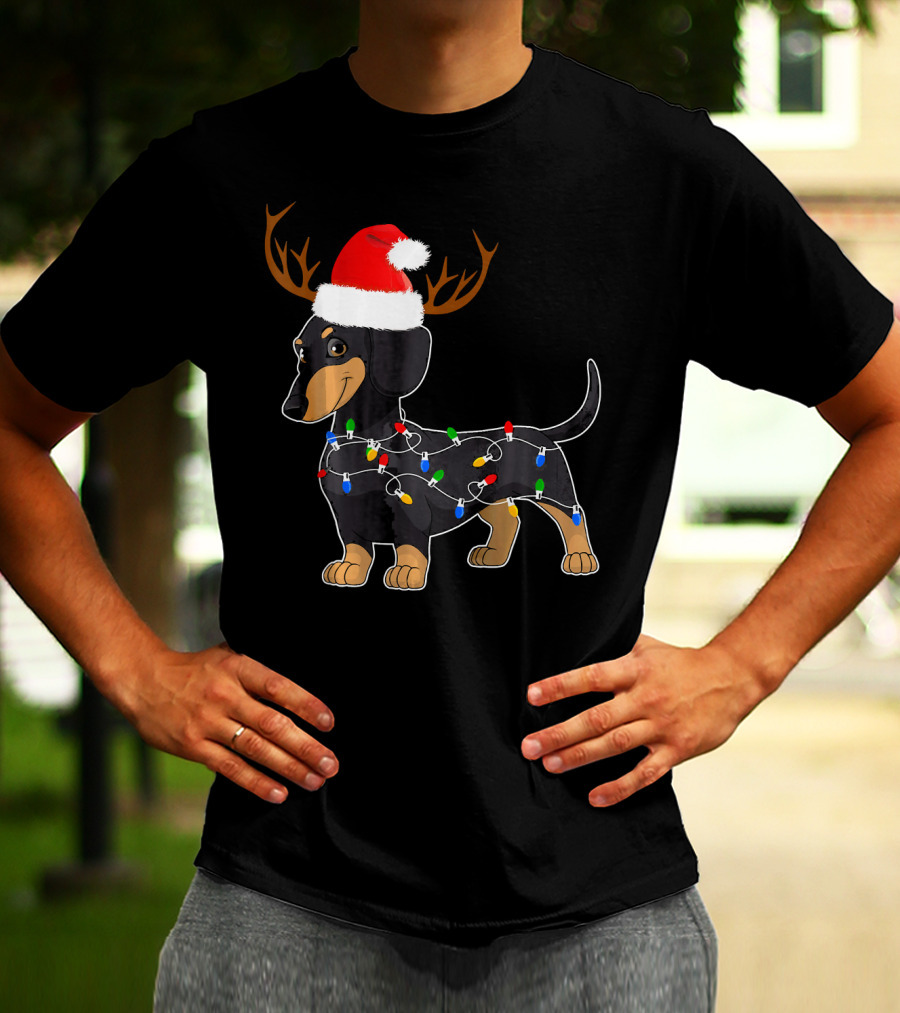 Dachshund Christmas Reindeer With Santa Hat And Holiday Lights T-Shirt