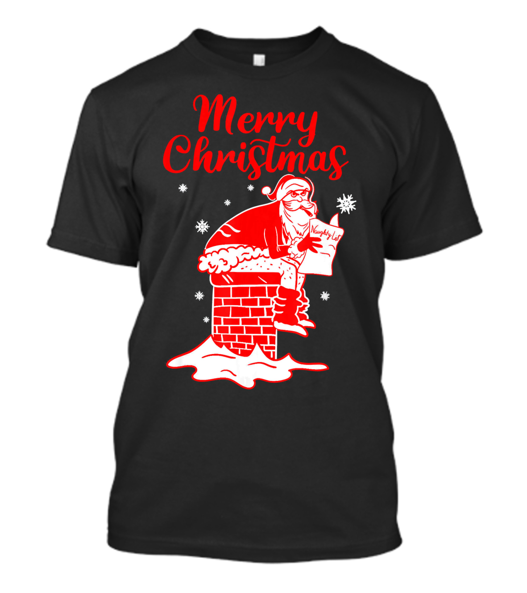 Merry Christmas Santa Pooping Naughty List Snowflakes Chimney T-Shirt