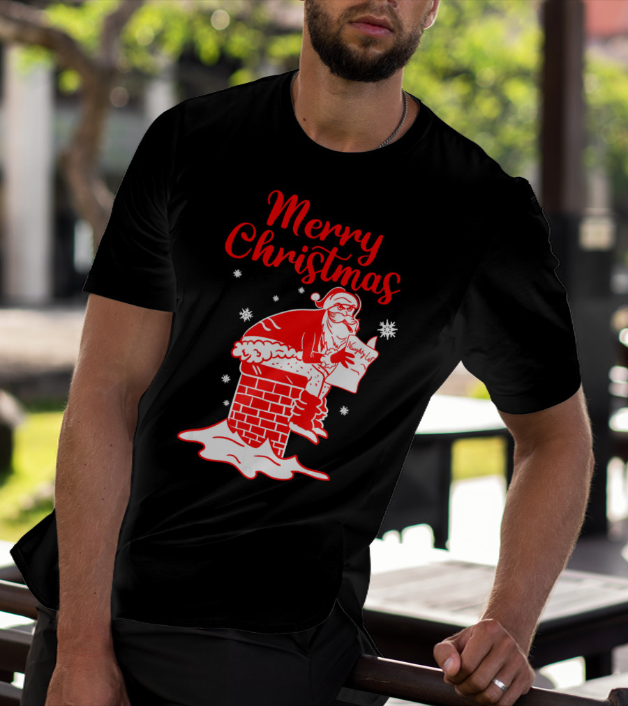 Merry Christmas Santa Pooping Naughty List Snowflakes Chimney T-Shirt