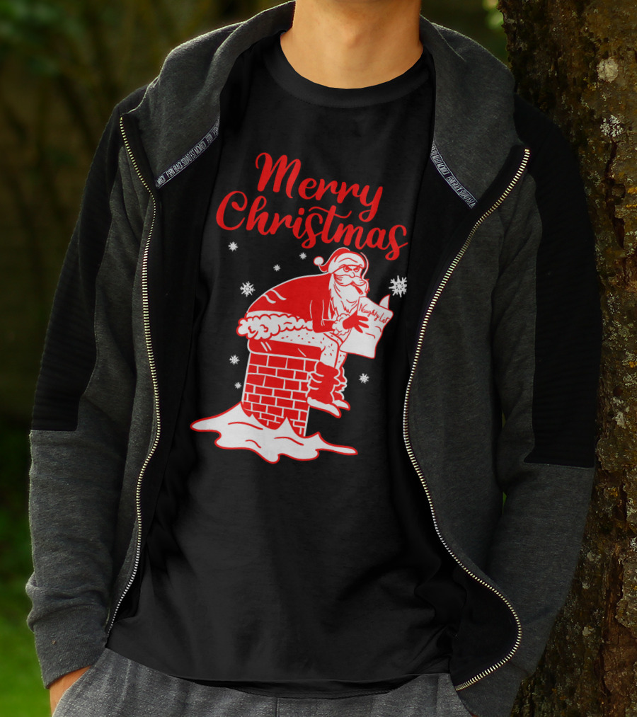 Merry Christmas Santa Pooping Naughty List Snowflakes Chimney T-Shirt