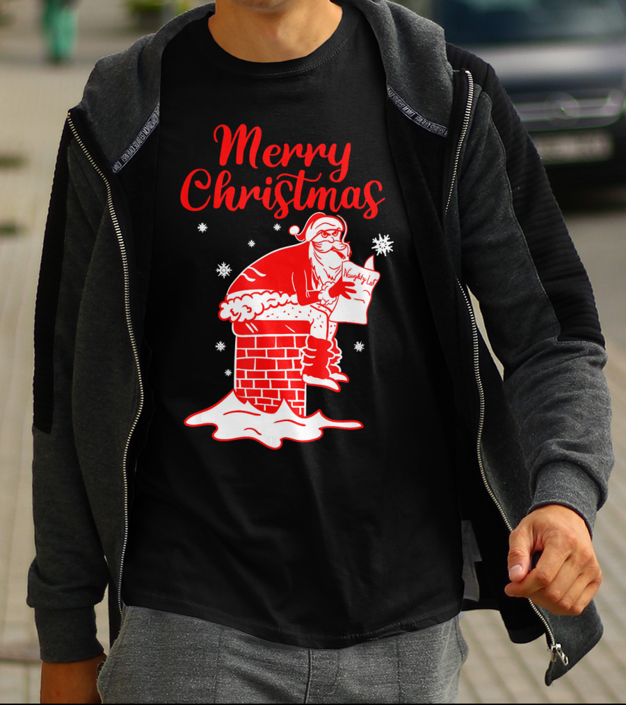 Merry Christmas Santa Pooping Naughty List Snowflakes Chimney T-Shirt