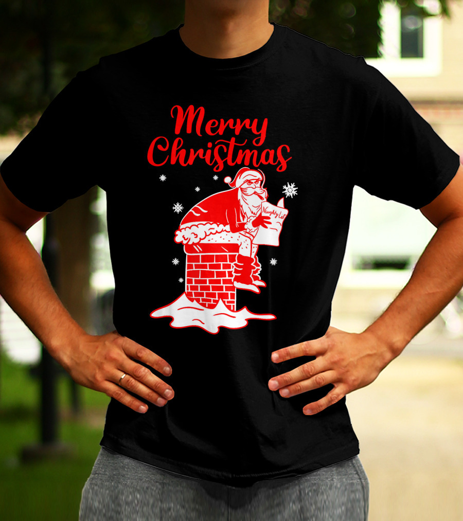 Merry Christmas Santa Pooping Naughty List Snowflakes Chimney T-Shirt