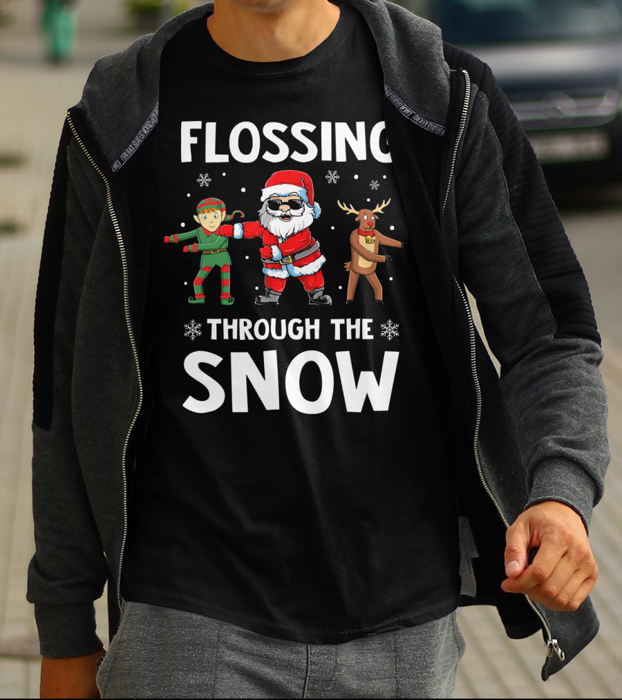 Flossing Through The Snow With Santa Elf And Reindeer T-Shirt