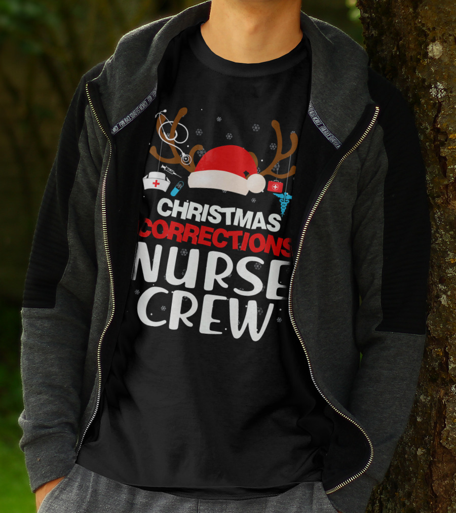 Christmas Corrections Nurse Crew Reindeer Antlers Santa Hat Stethoscope Syringe Caduceus T-Shirt