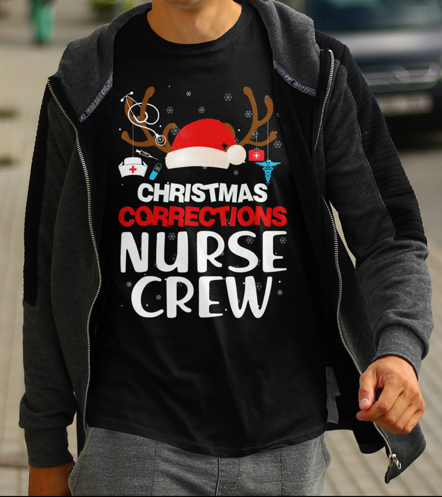 Christmas Corrections Nurse Crew Reindeer Antlers Santa Hat Stethoscope Syringe Caduceus T-Shirt