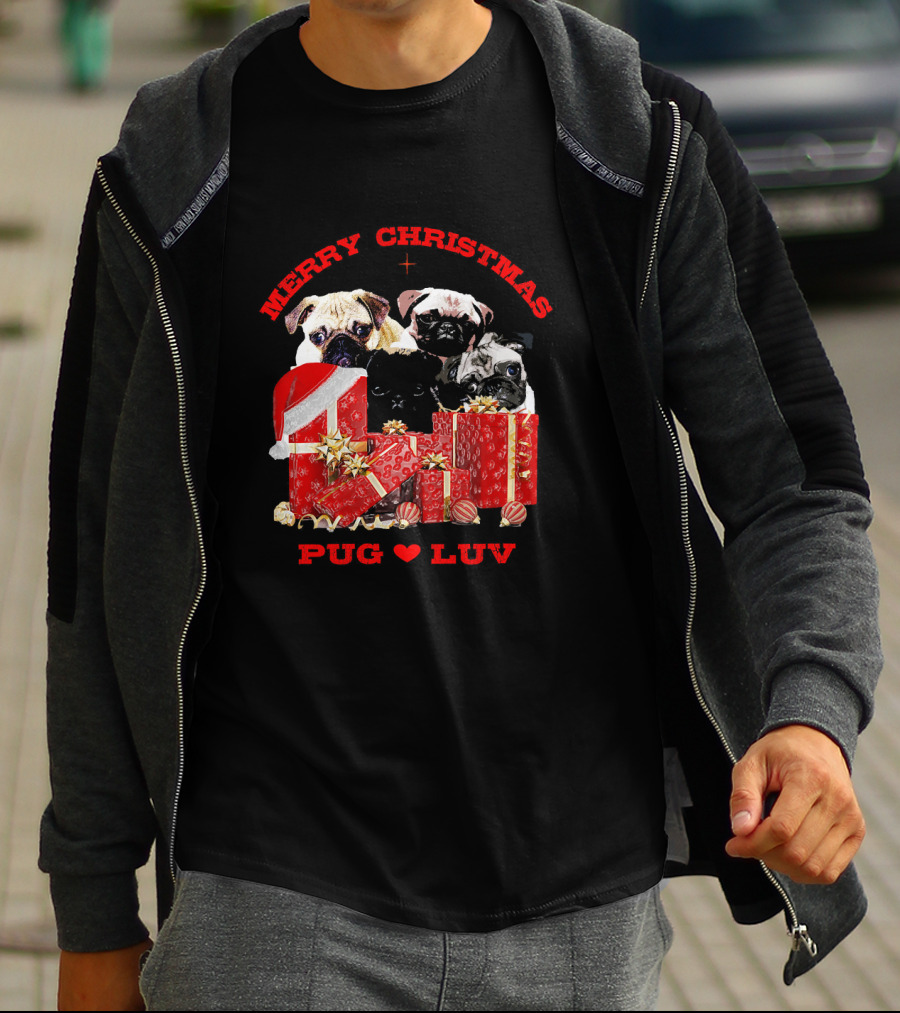 Merry Christmas Pug Luv With Pug Dogs And Gifts T-Shirt