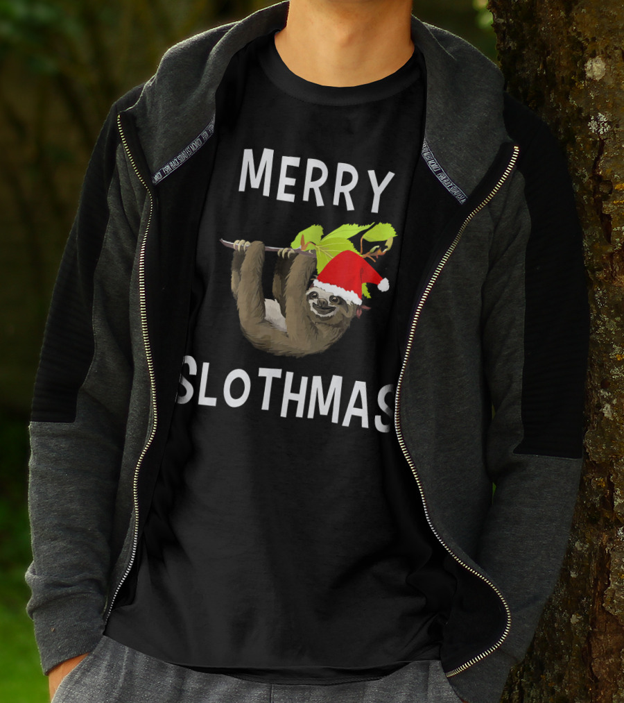Merry Slothmas Hanging Sloth In Santa Hat With Leaves T-Shirt