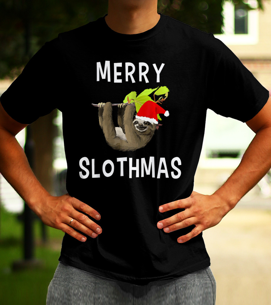 Merry Slothmas Hanging Sloth In Santa Hat With Leaves T-Shirt