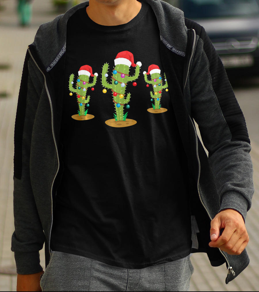 Festive Christmas Cacti With Santa Hats And Lights T-Shirt