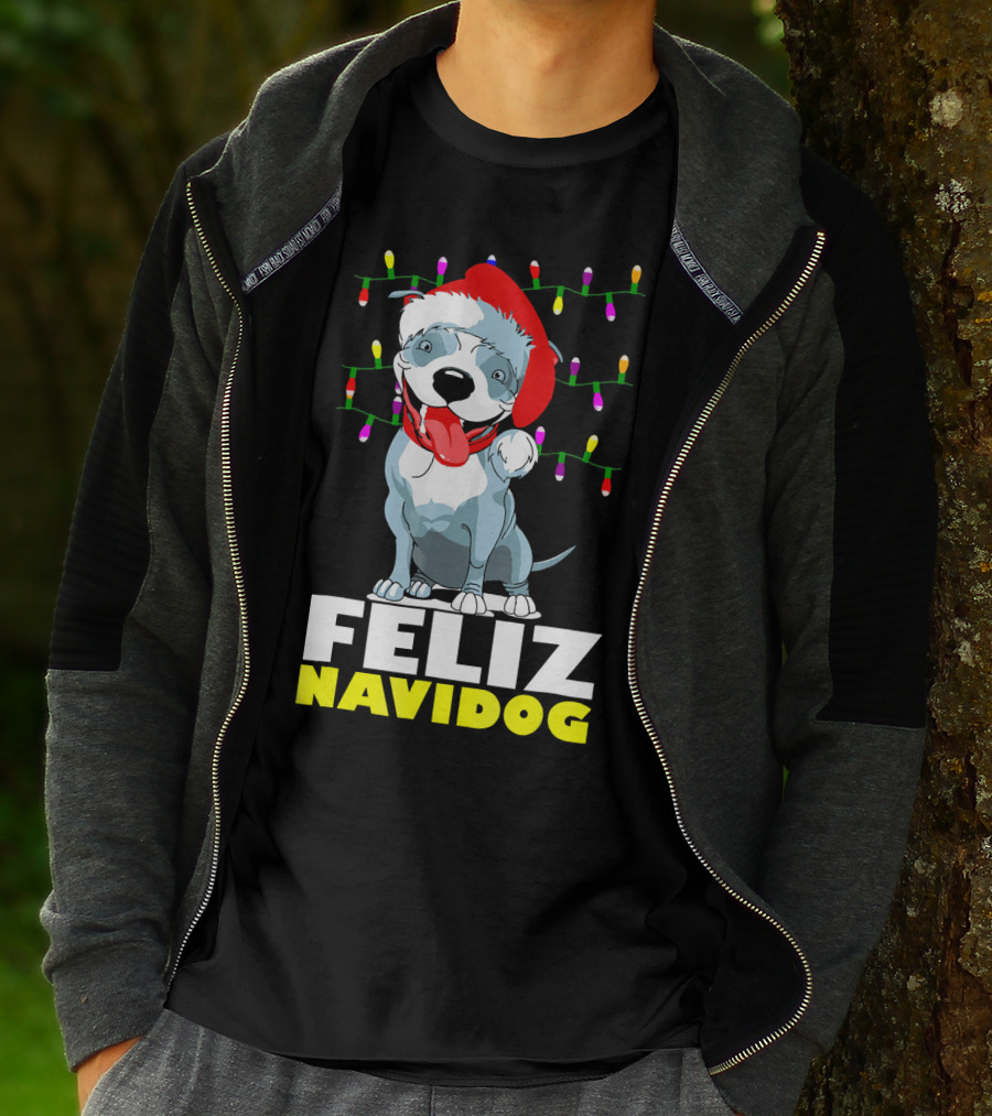 Feliz Navidog Pitbull In Santa Hat With Christmas Lights T-Shirt