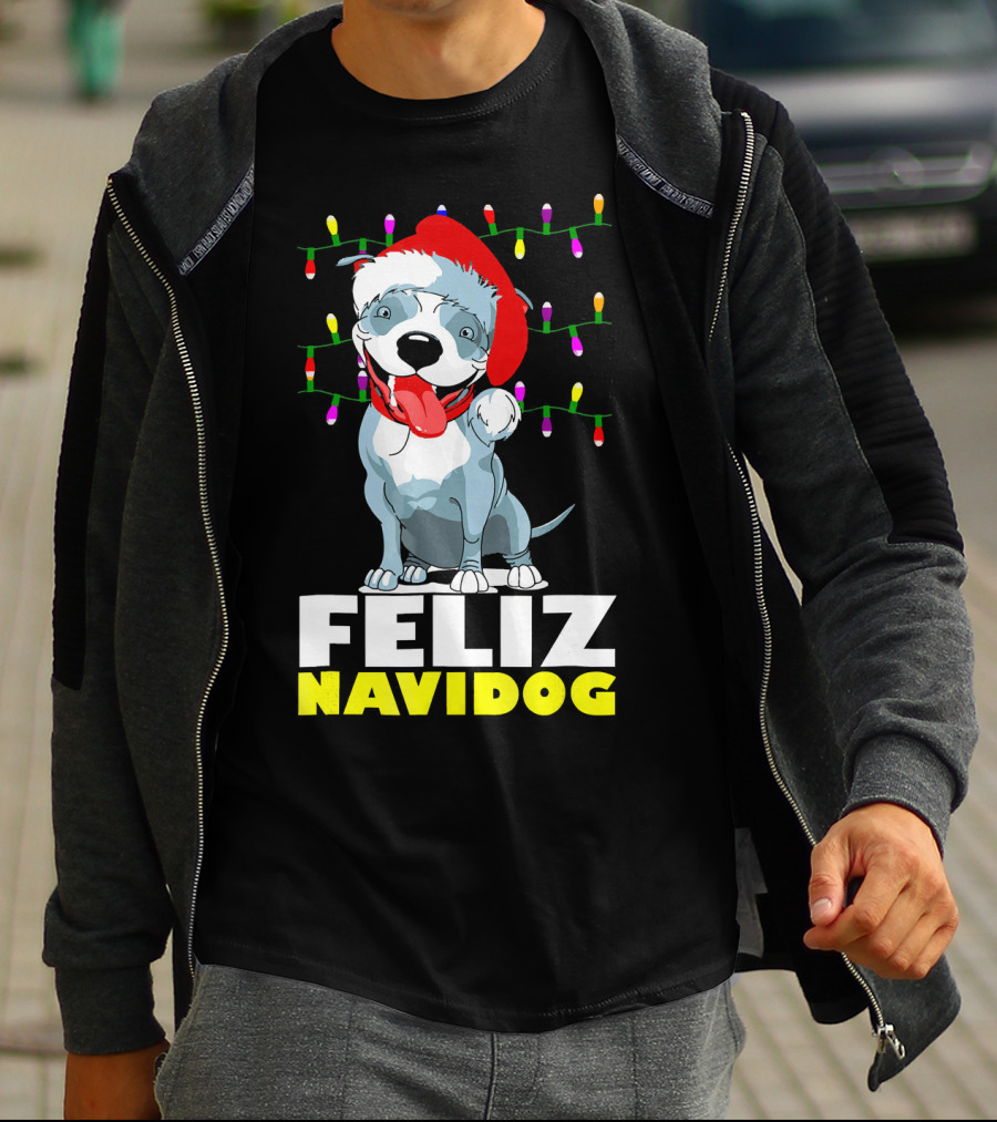 Feliz Navidog Pitbull In Santa Hat With Christmas Lights T-Shirt