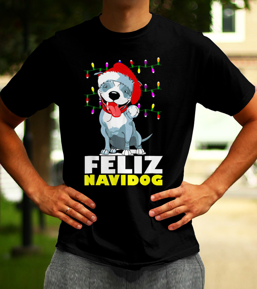 Feliz Navidog Pitbull In Santa Hat With Christmas Lights T-Shirt