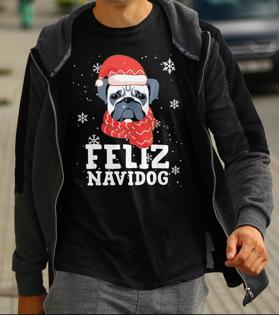 Feliz Navidog Pug Dog With Santa Hat And Scarf Snowflakes T-Shirt