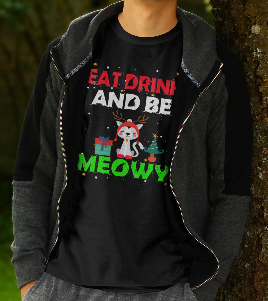 Eat Drink And Be Meowy Cat With Reindeer Antlers Holiday Motif T-Shirt