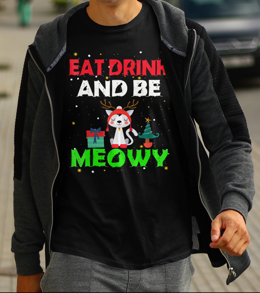 Eat Drink And Be Meowy Cat With Reindeer Antlers Holiday Motif T-Shirt