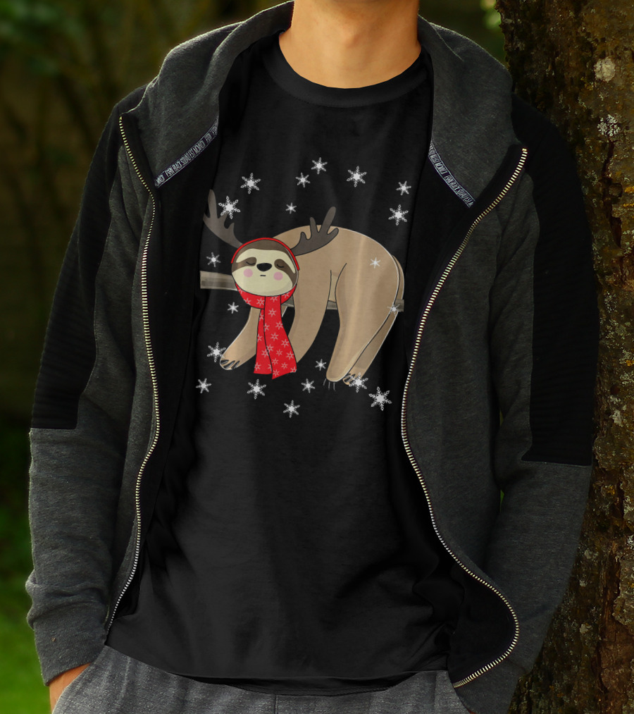 Funny Christmas Sloth Cute Sloth With Antlers And Red Scarf Surrounded By Snowflakes T-Shirt