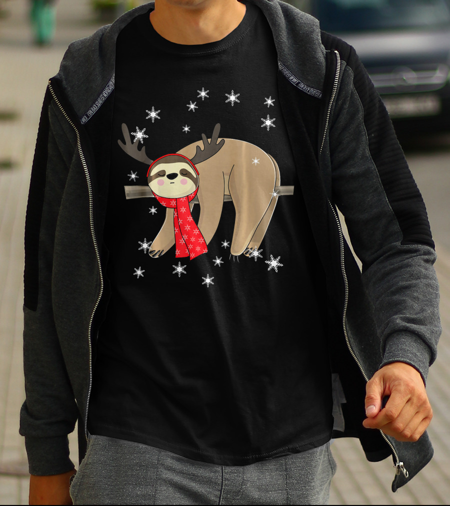 Funny Christmas Sloth Cute Sloth With Antlers And Red Scarf Surrounded By Snowflakes T-Shirt