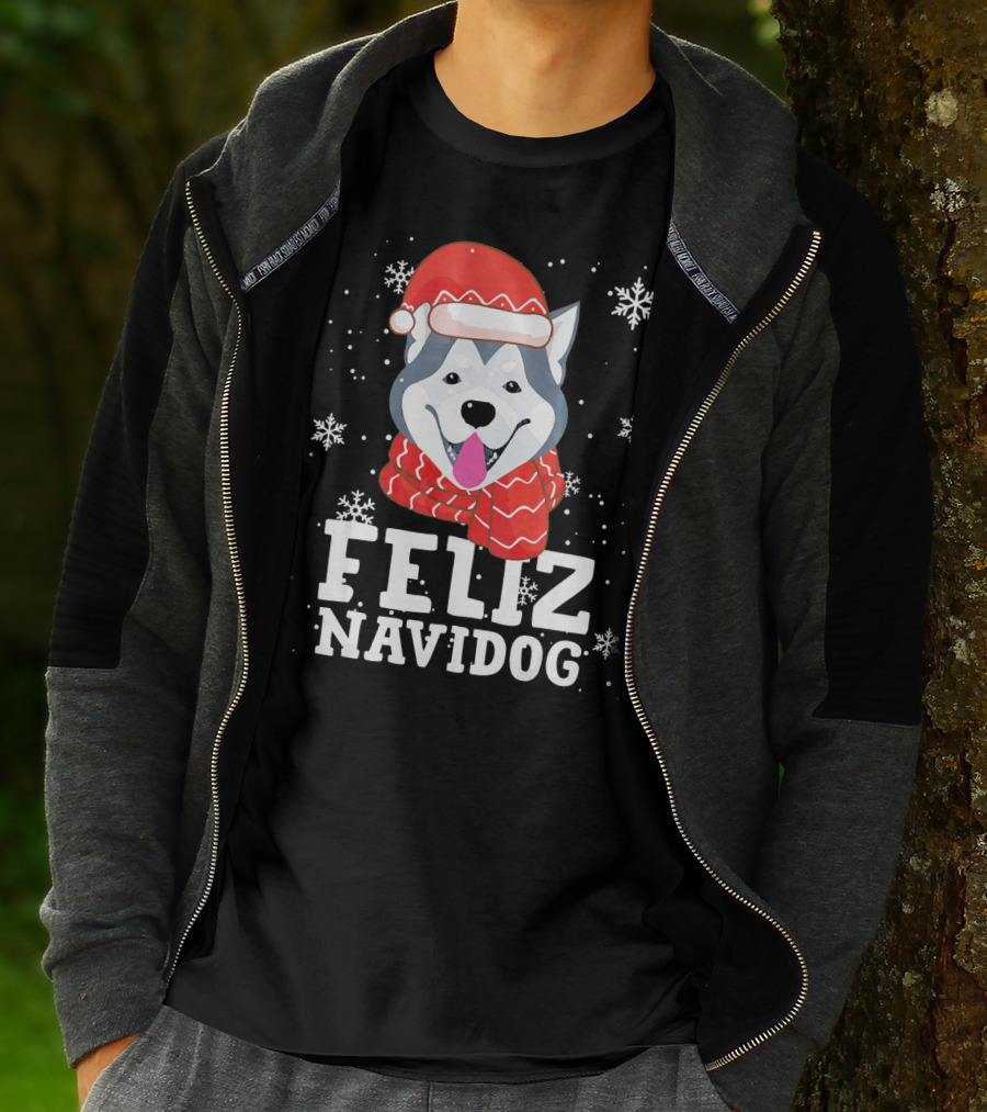 Feliz Navidog Husky Siberian Dog Festive Holiday Santa Hat And Snowflakes T-Shirt