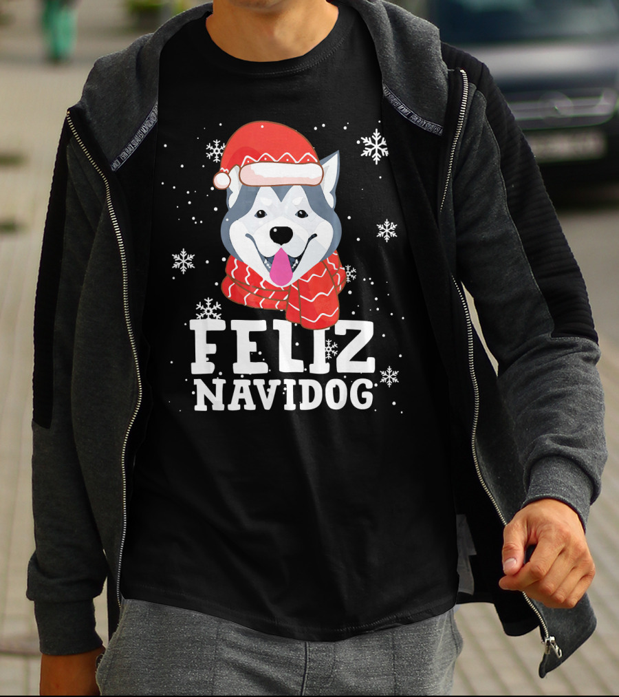 Feliz Navidog Husky Siberian Dog Festive Holiday Santa Hat And Snowflakes T-Shirt