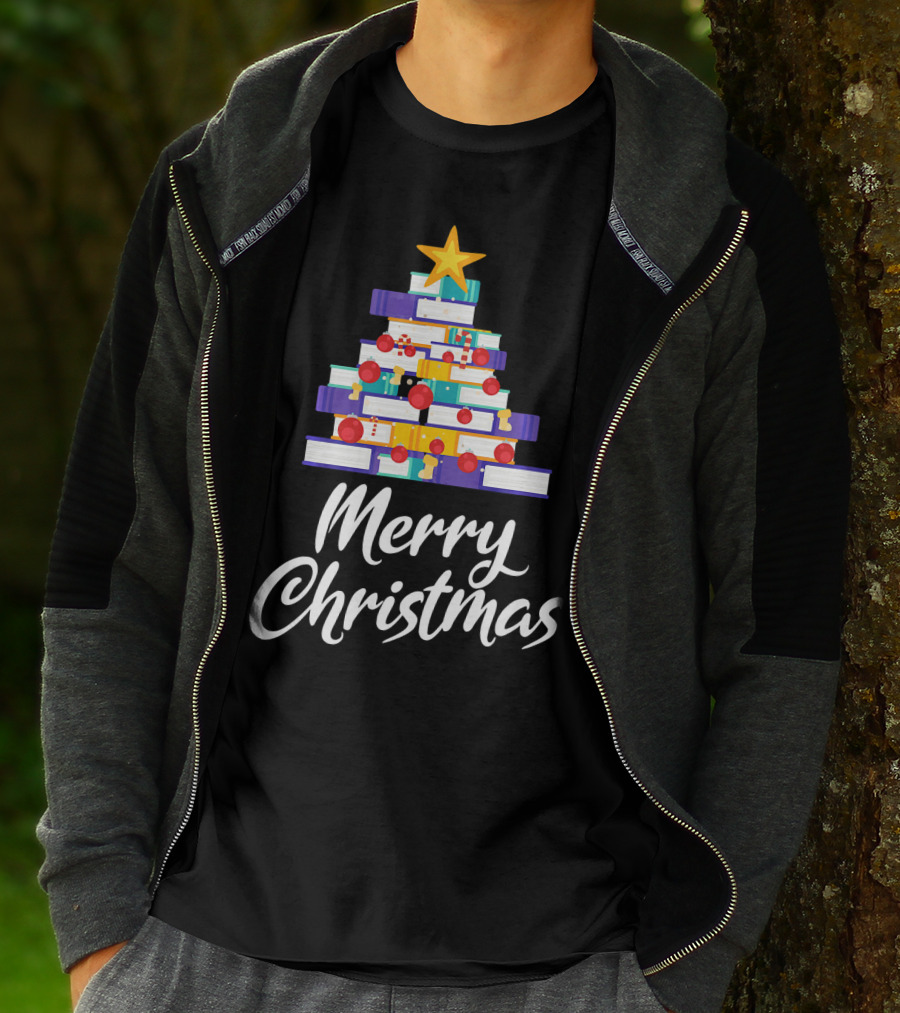 Merry Christmas Tree Stack Of Books Holiday Decor T-Shirt