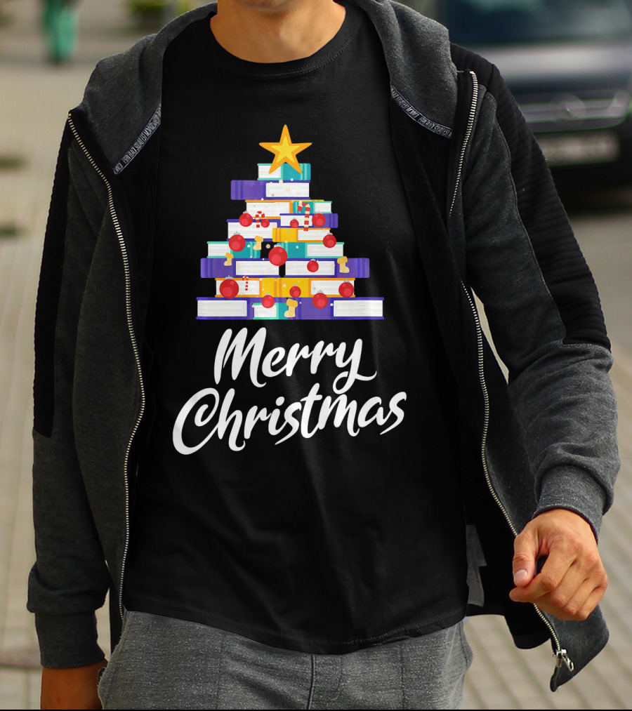 Merry Christmas Tree Stack Of Books Holiday Decor T-Shirt