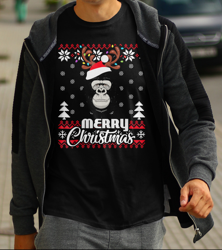 Gorilla Santa Hat Antler Merry Christmas UglySt T-Shirt