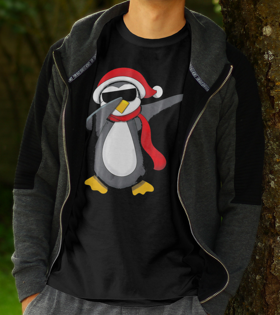 Dabbing Penguin Christmas Mornin Santa Hat Scarf Holiday Fun T-Shirt