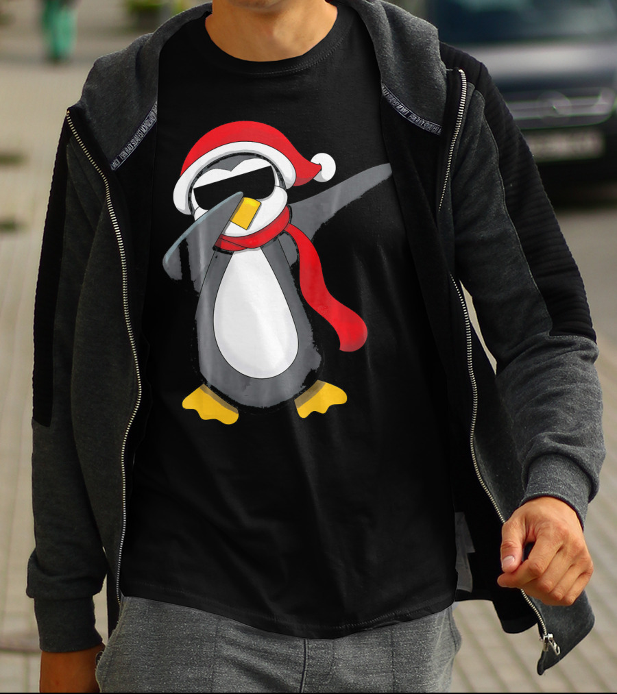 Dabbing Penguin Christmas Mornin Santa Hat Scarf Holiday Fun T-Shirt