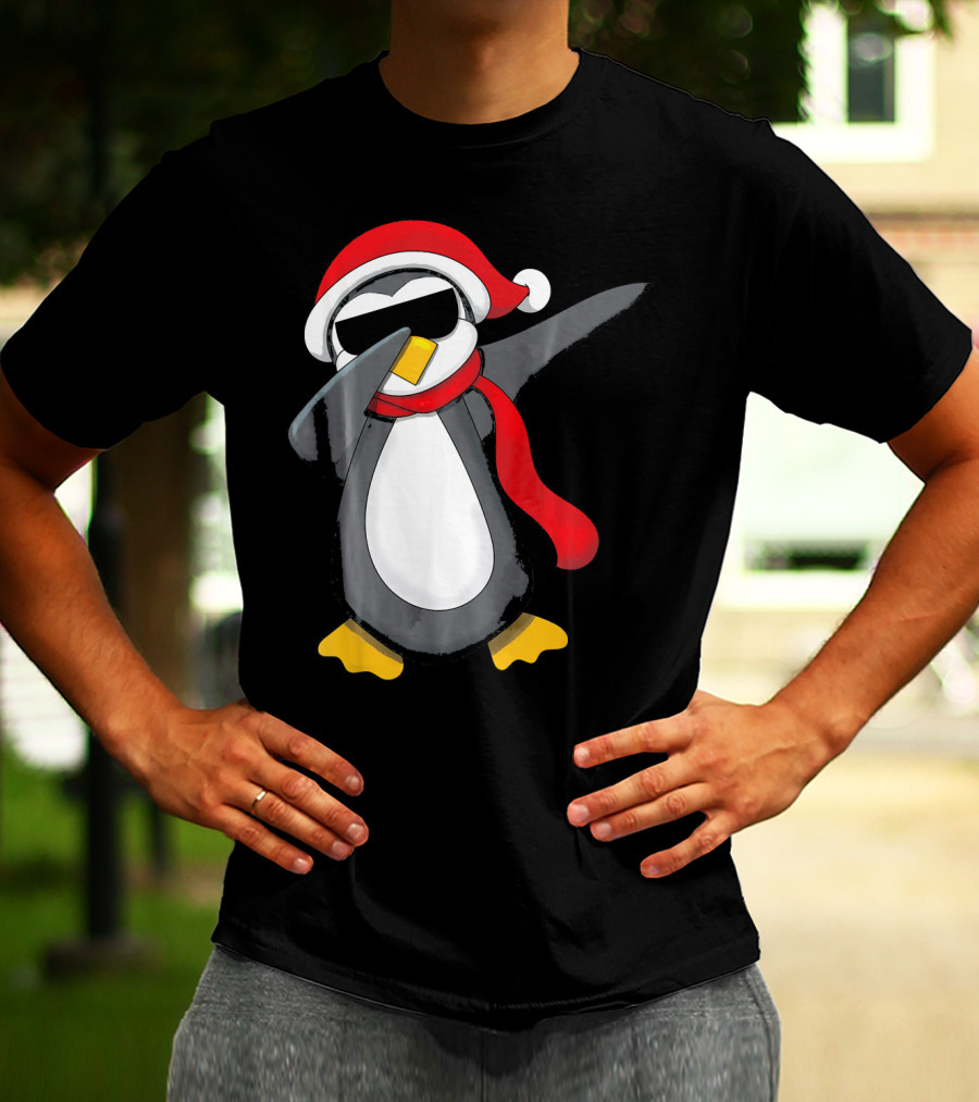 Dabbing Penguin Christmas Mornin Santa Hat Scarf Holiday Fun T-Shirt