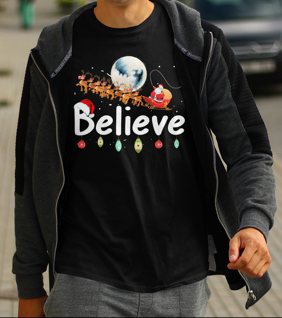 Believe Santa Sleigh Reindeer Moon Christmas Xmas T-Shirt