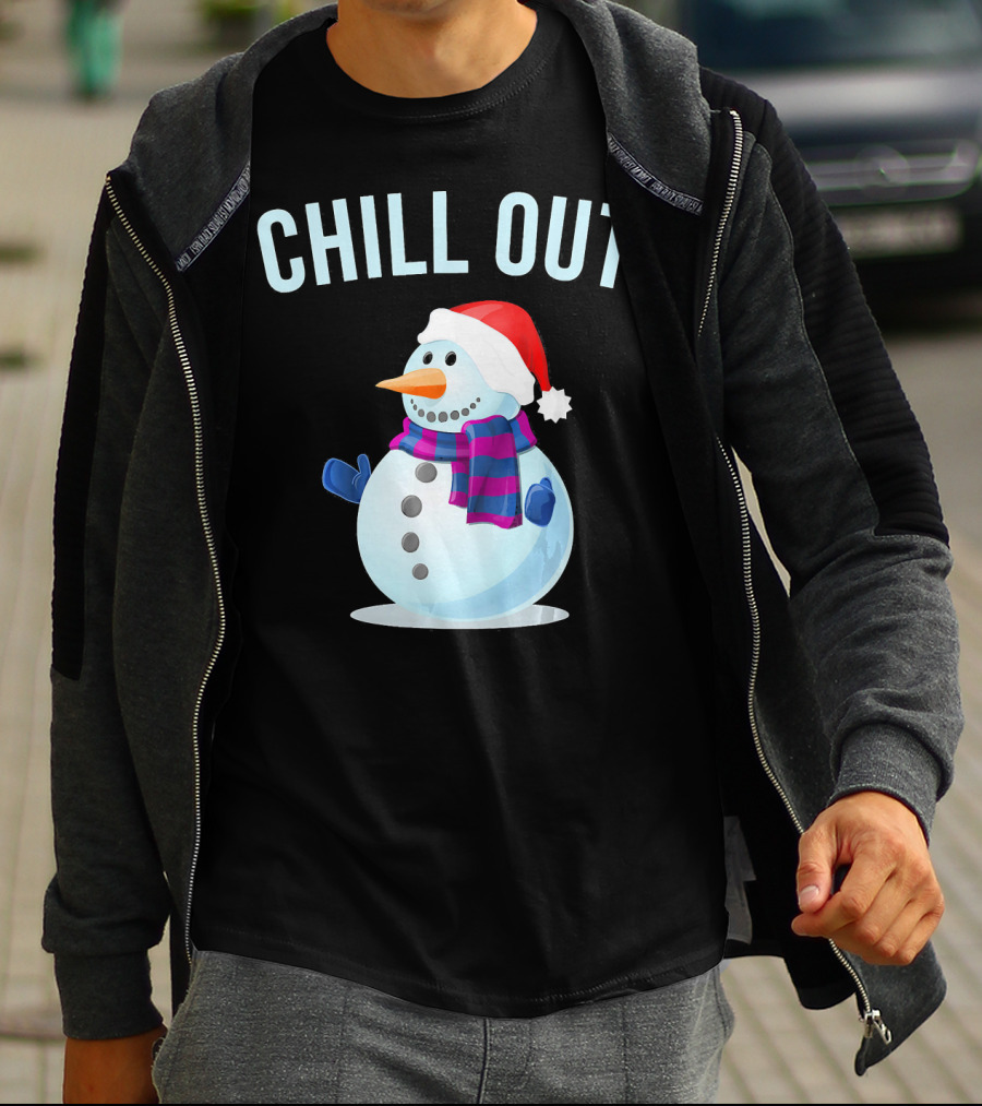 Chill Out Snowman Santa Hat And Scarf Winter Vibes T-Shirt