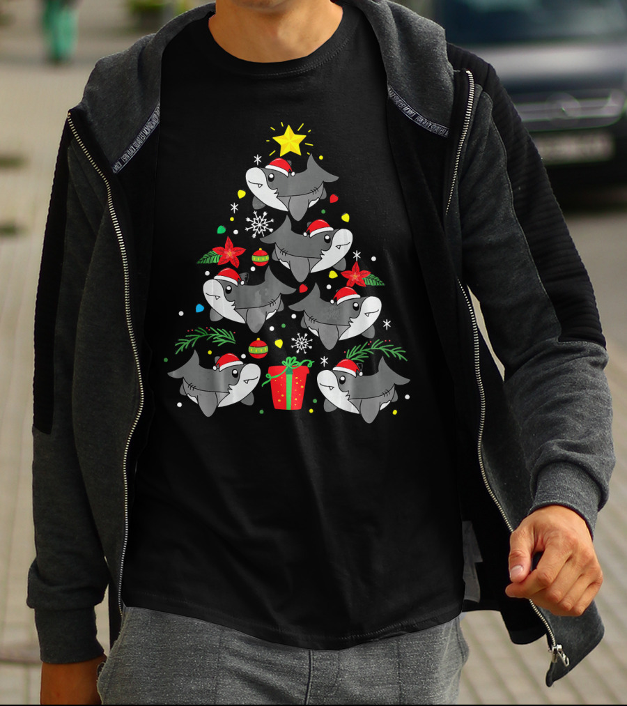 Shark Christmas Tree With Santa Hats And Ornaments T-Shirt