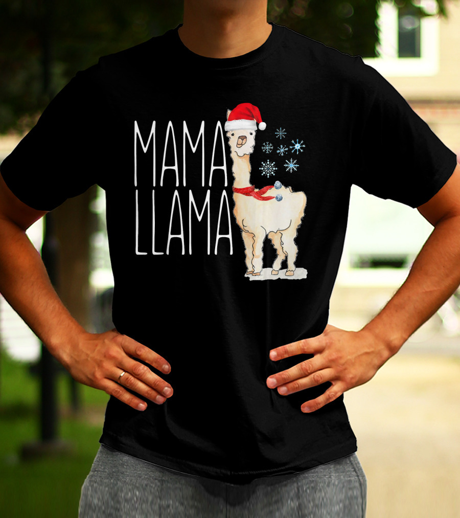 Mama Llama Christmas Snowflakes Santa Hat T-Shirt