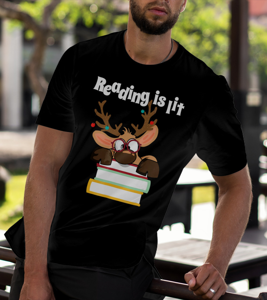 Reading Is Lit Reindeer With Books And Glasses T-Shirt