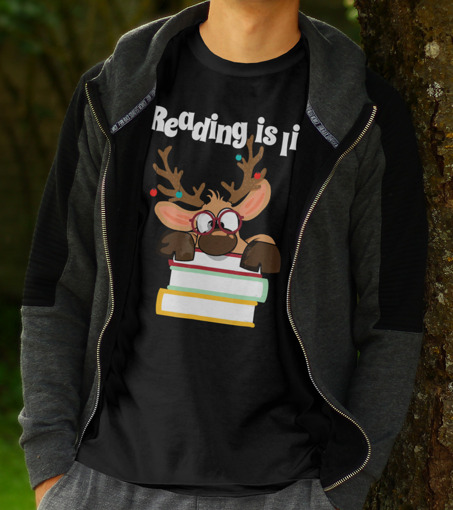 Reading Is Lit Reindeer With Books And Glasses T-Shirt