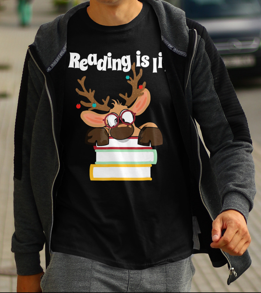 Reading Is Lit Reindeer With Books And Glasses T-Shirt