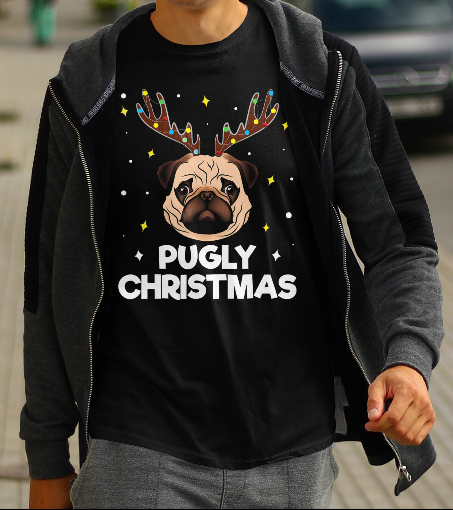 Pugly Christmas Pug Lover Me Reindeer Lights T-Shirt