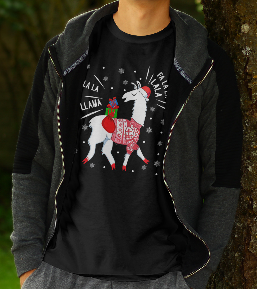 Fa La La Fa La La La La Llama Christmas Santa Hat Sweater Snowflakes T-Shirt
