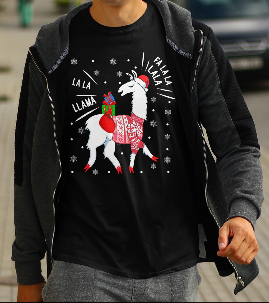 Fa La La Fa La La La La Llama Christmas Santa Hat Sweater Snowflakes T-Shirt